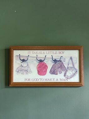 Vintage Baseball Framed Art Faux Watercolor 9.5x17.5